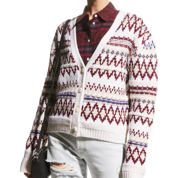 Rag & Bone sz S Willow Fair Isle Merino Wool Cardigan in Ivory Multi - Picture 2 of 16